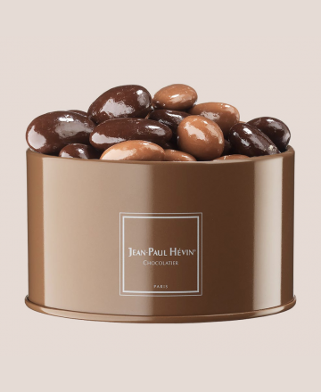 Metal box of dark and milk chocolate almonds